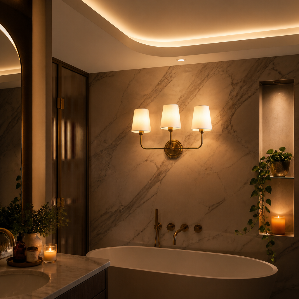 Lighting Modern Metal Wall Sconce, full view staged in a styled evening interior
