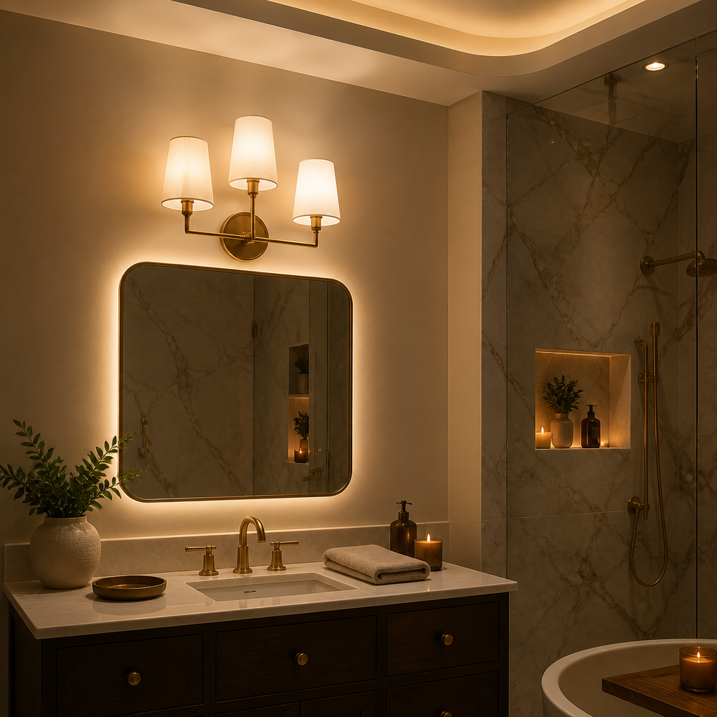 Lighting Modern Metal Wall Sconce, full view staged in a styled evening interior
