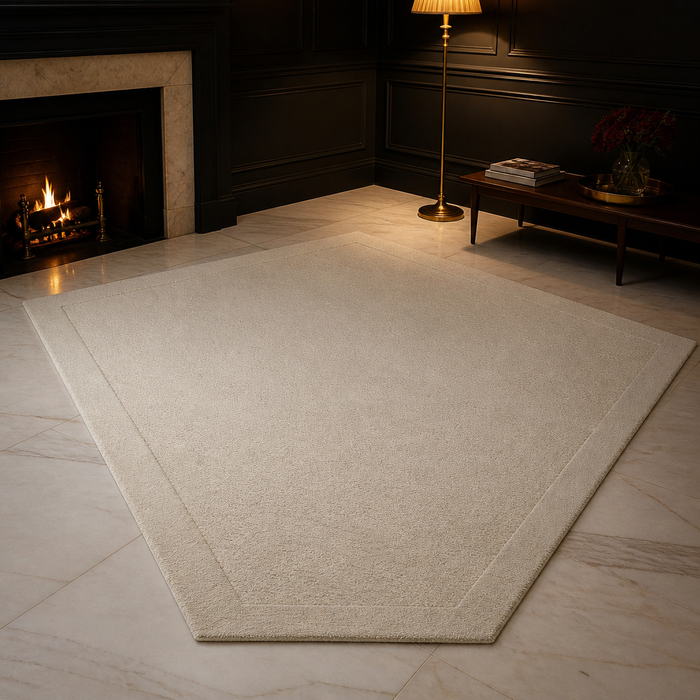 Loloi Modern Rug in ivory wool shown whole on a marble floor