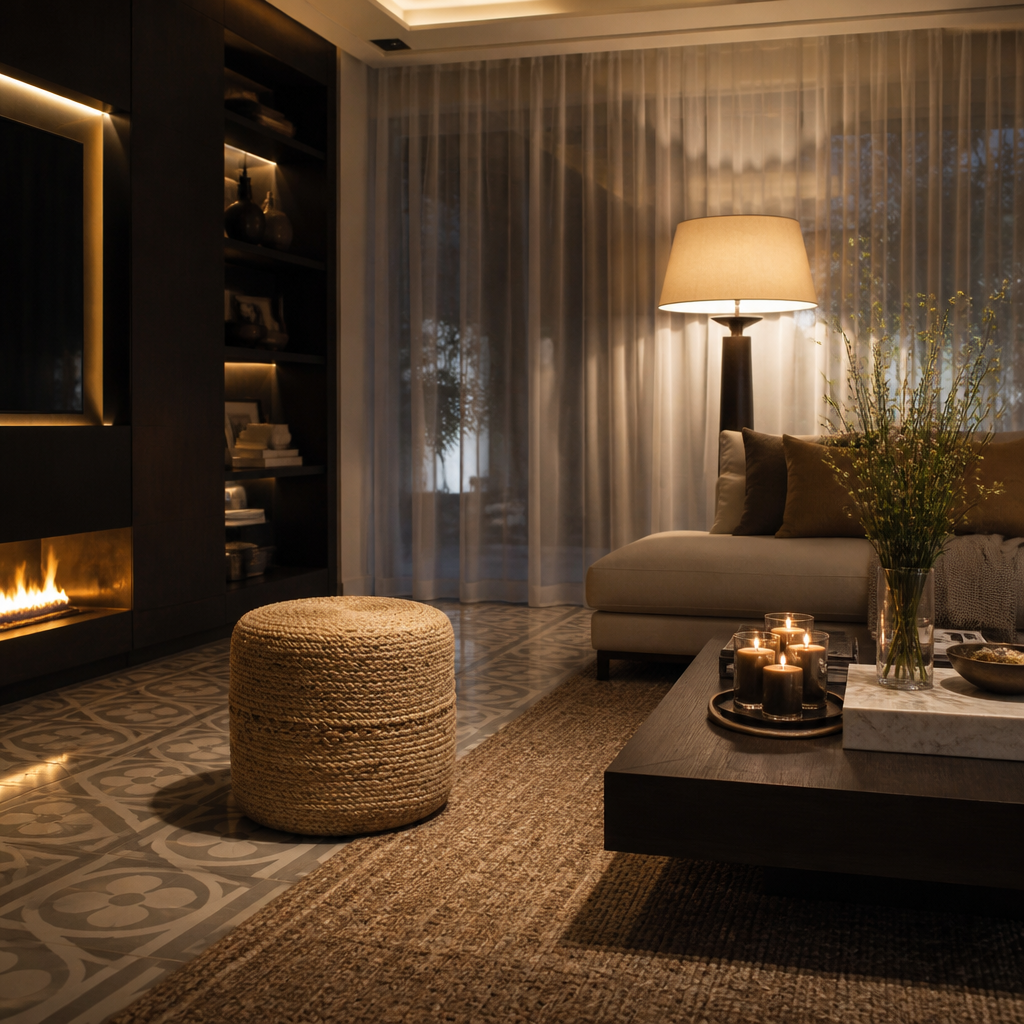 Jute Natural Ottoman styled in a living room, full view