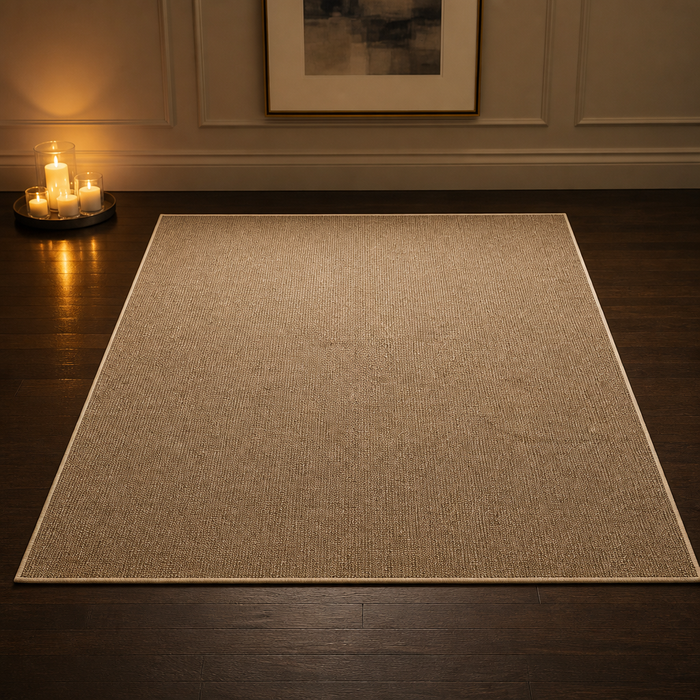 Jute Rug styled in a living room, hero view