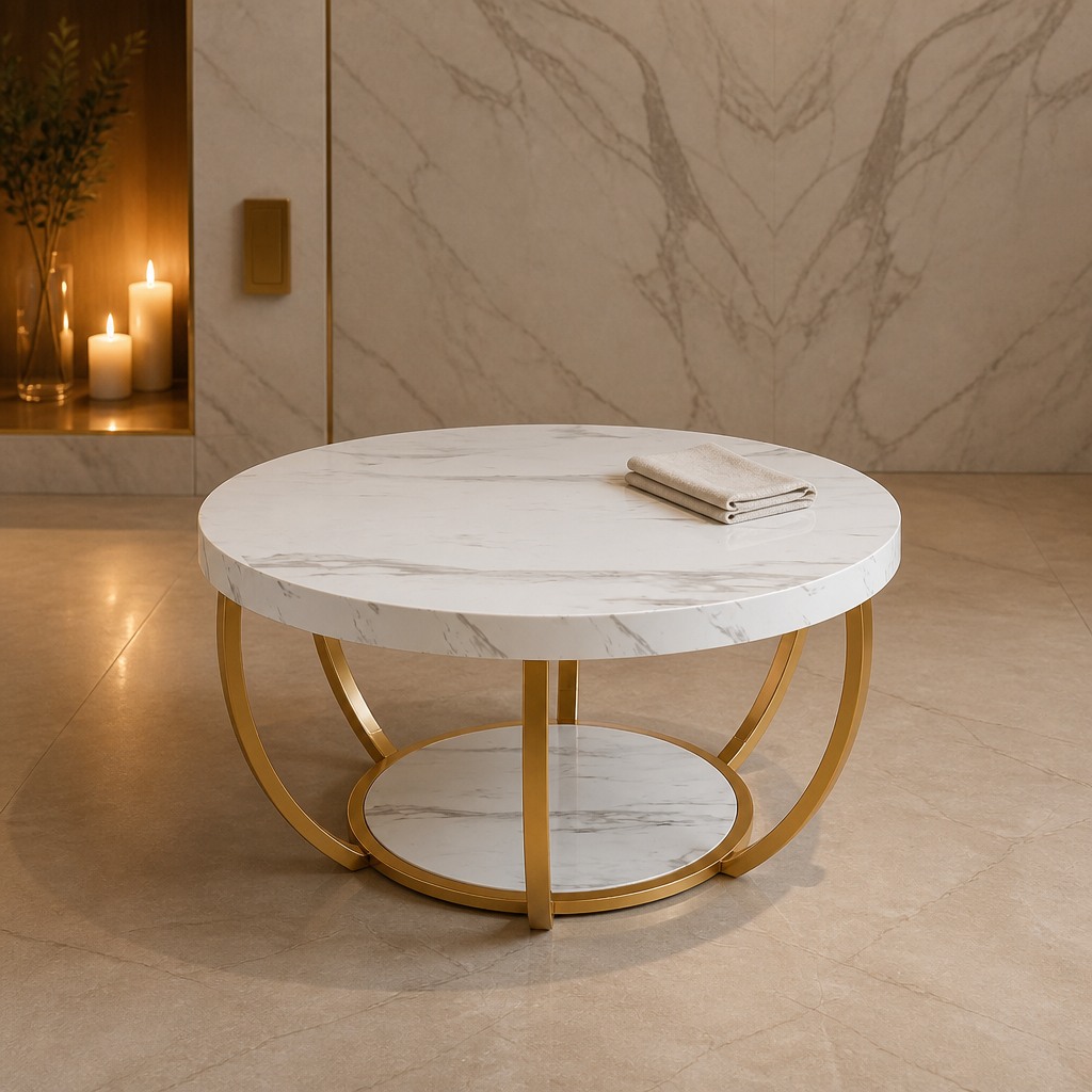 Industrial Wood Coffee Table in the White and Gold finish, marble top on a gold arc base