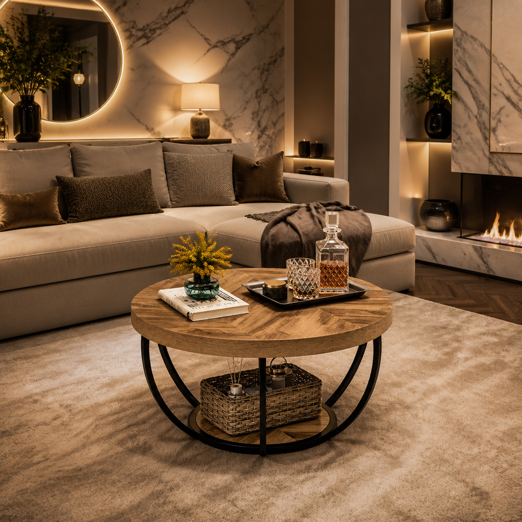 Industrial Wood Coffee Table in oak and black styled with a tray and decanter
