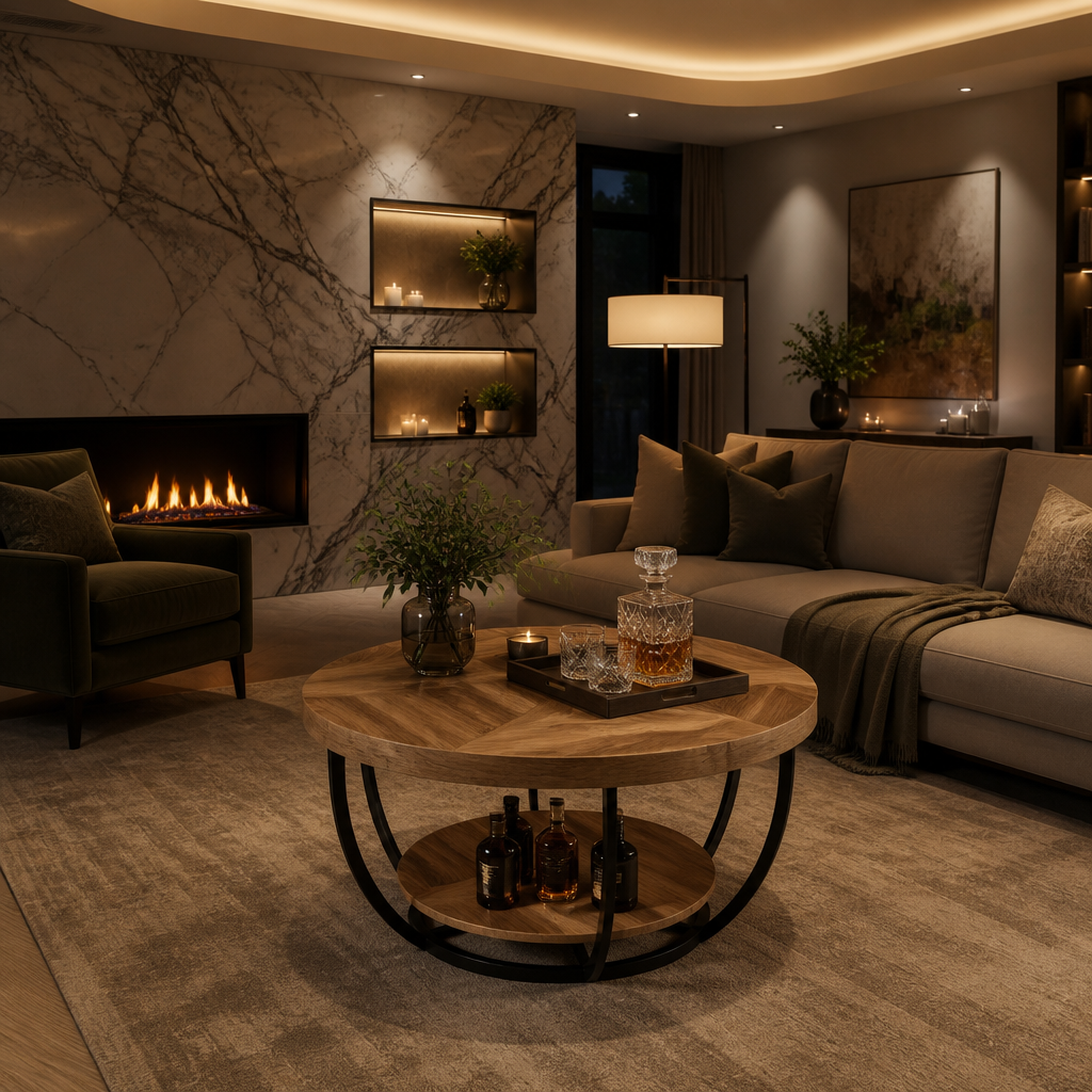 Industrial Wood Coffee Table in oak and black in a full living room