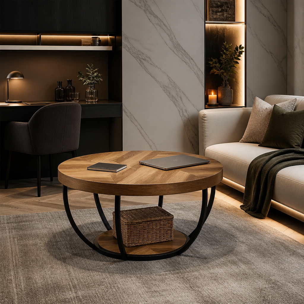 Industrial Wood Coffee Table in oak and black used as a work side table