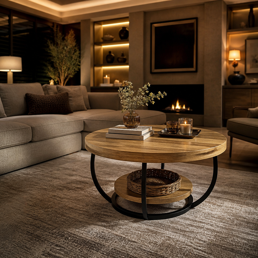 Industrial Wood Coffee Table showing the two tier open cage base and lower shelf