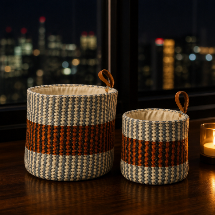 Jute Rust Storage Basket styled in a living room, hero view