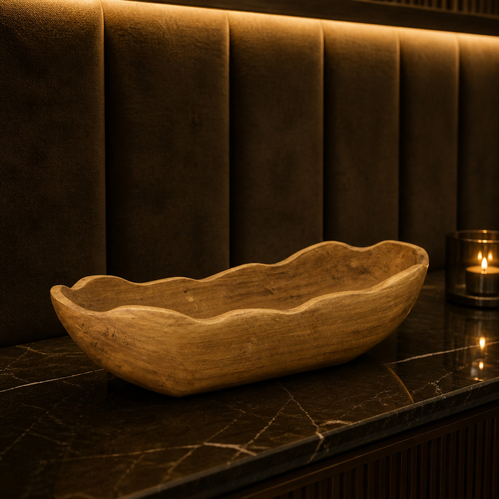 Indoor Wood Decorative Bowl - hero view styled in a warm evening interior