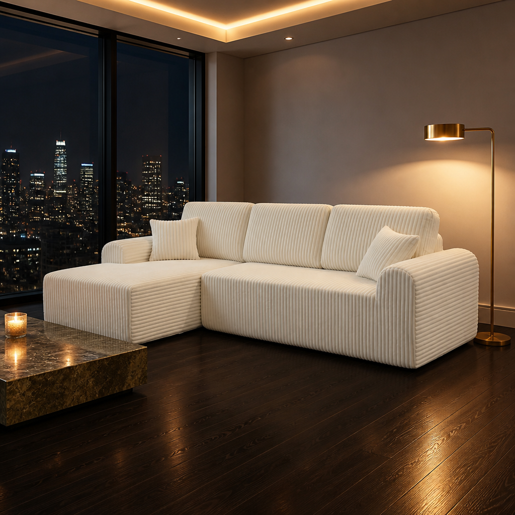 L-Shaped Corduroy Sofa, full view styled in a warm evening interior