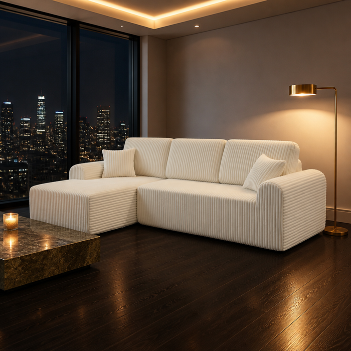 L-Shaped Corduroy Sofa, full view styled in a warm evening interior