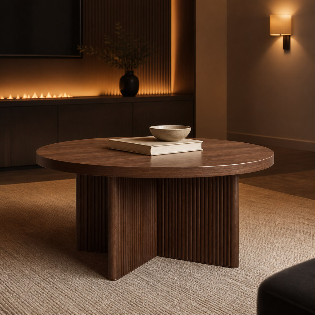 Lillian Walnut Coffee Table, hero view in a styled evening interior