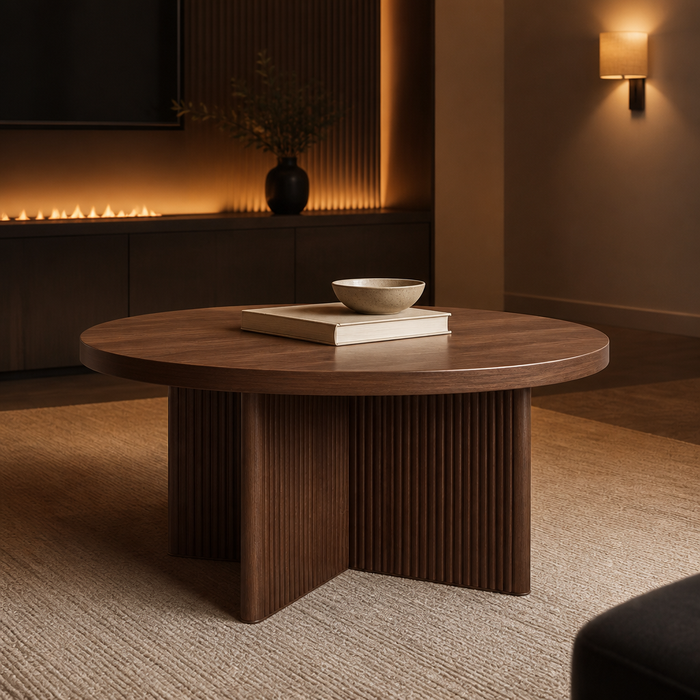 Lillian Walnut Coffee Table, hero view in a styled evening interior
