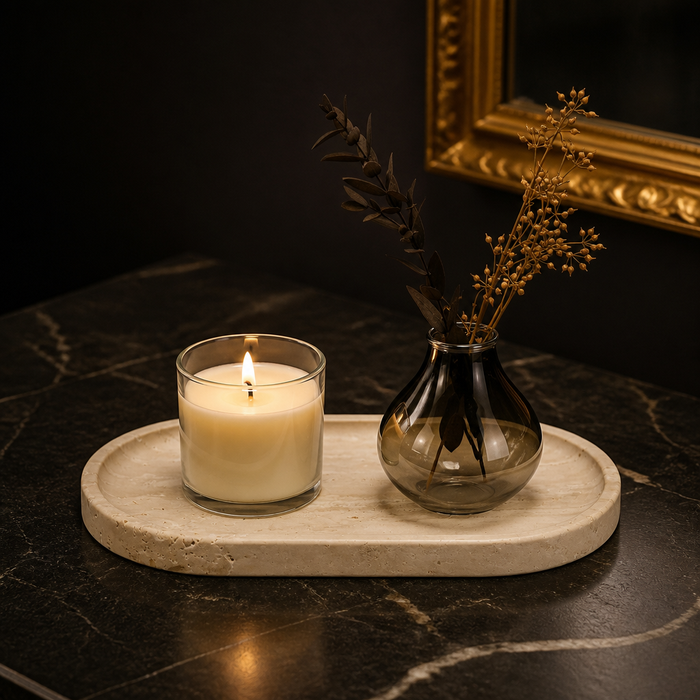 Italian Marble Decorative Tray in beige travertine holding a candle and bud vase