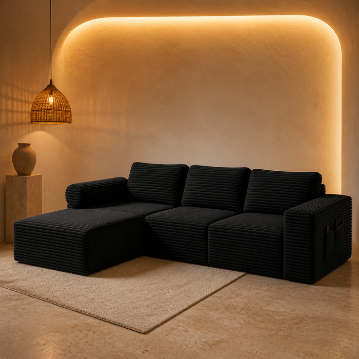 L-Shaped Luxury Corduroy Sofa, full view styled in a warm evening interior