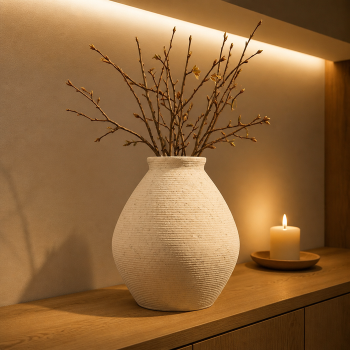 Ivory Ceramic Farmhouse Vase, ribbed off white stoneware with branches on a counter