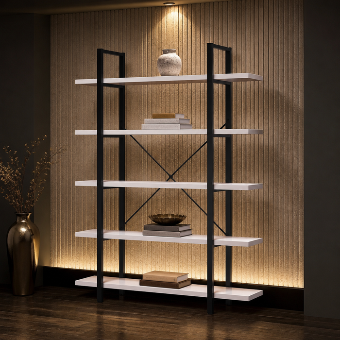 Industrial Bookshelf - hero view styled in a warm evening interior