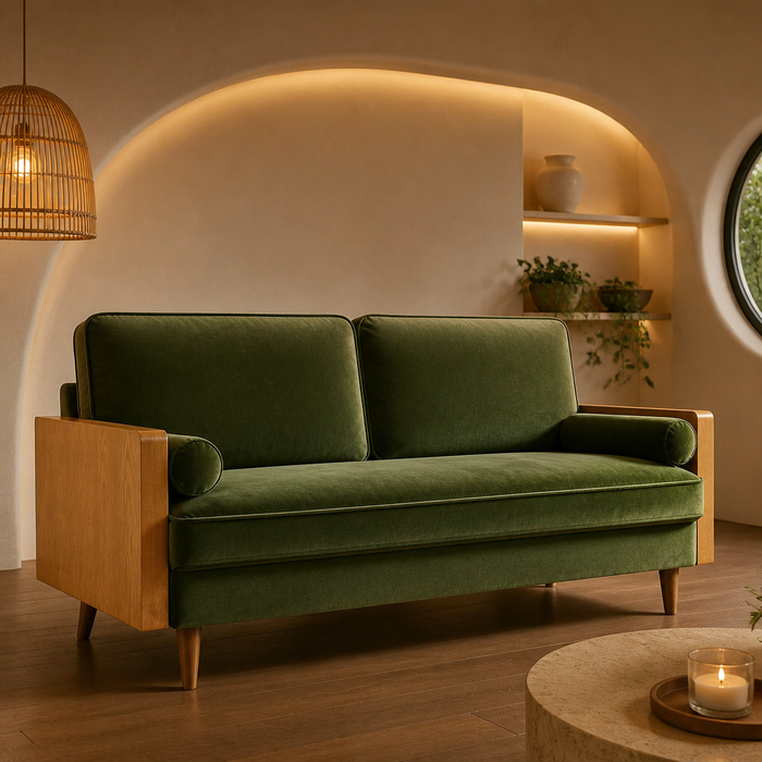 Kellan Velvet Sofa styled in a living room, hero view