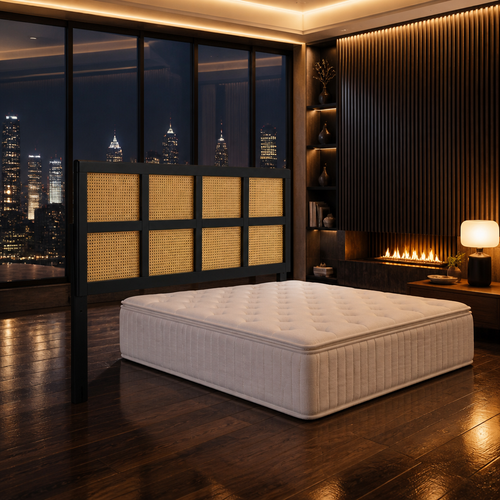 Luana Rattan Headboard seen from the left against city glazing