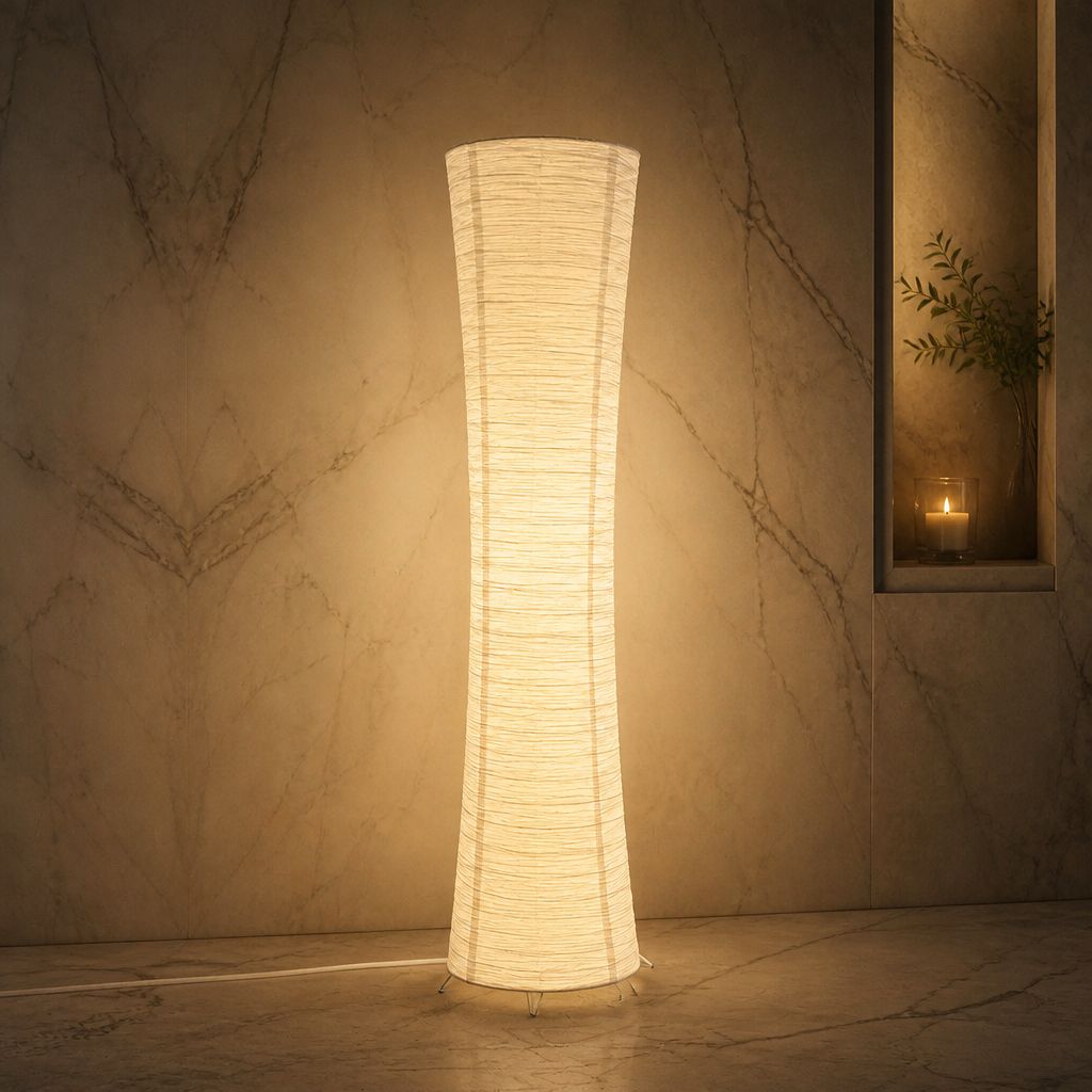 Rice paper column floor lamp, full view styled in a warm evening interior