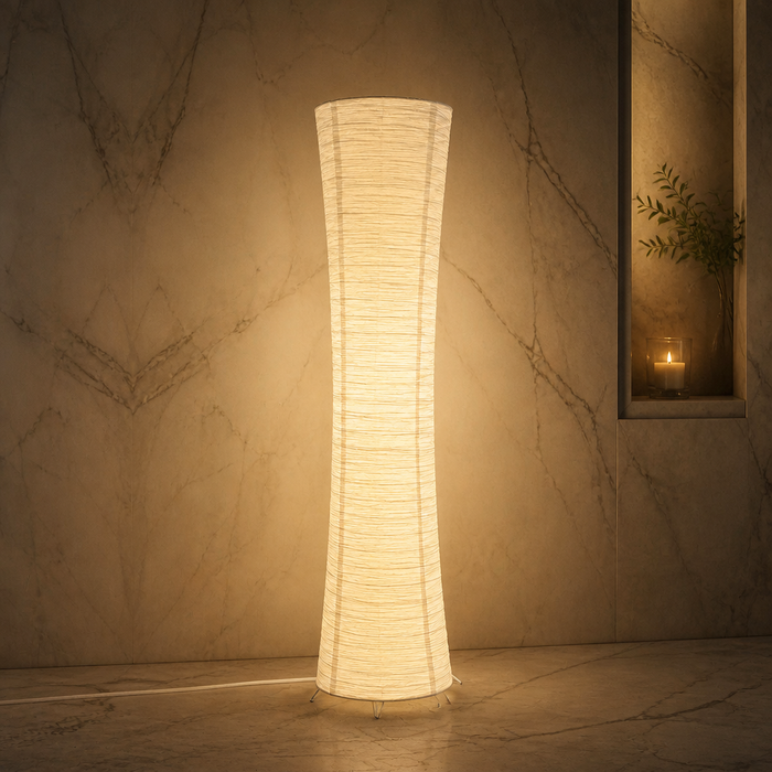 Rice paper column floor lamp, full view styled in a warm evening interior