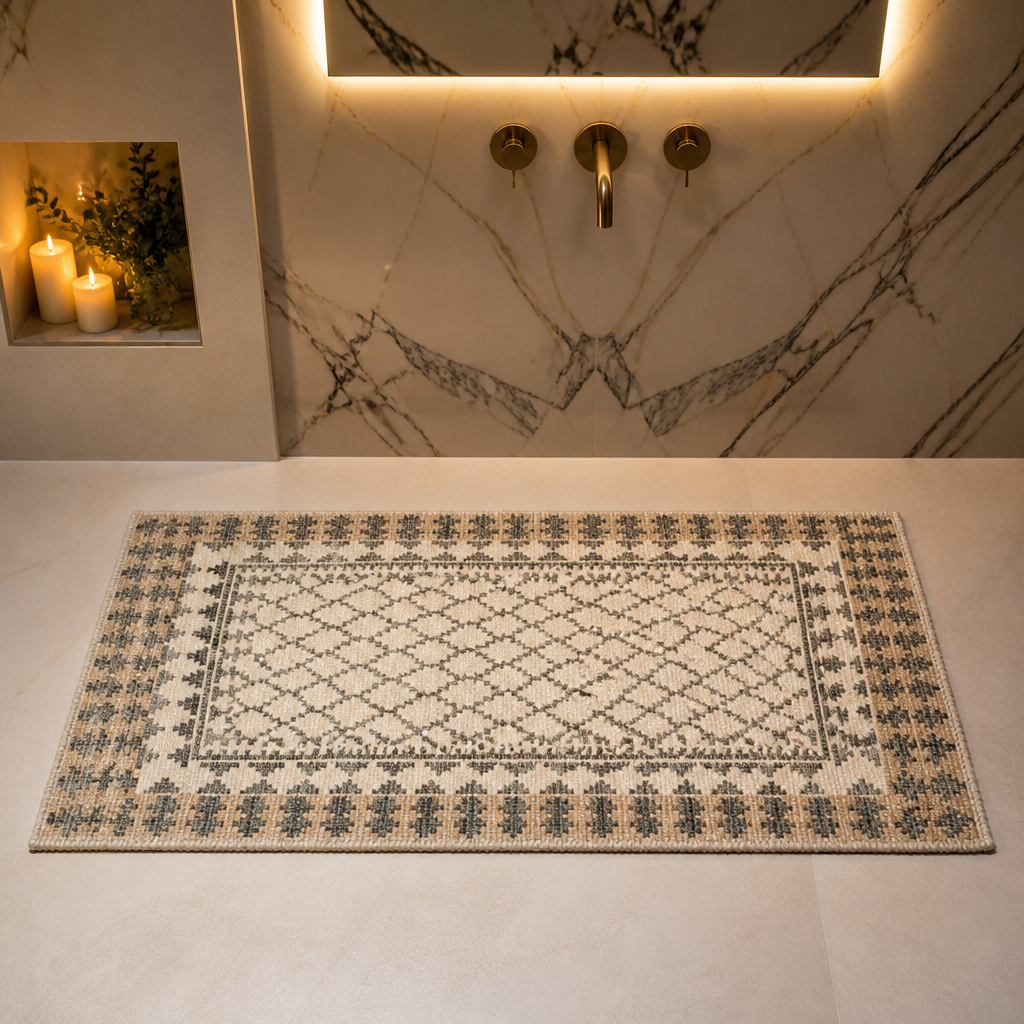 Kilim Farmhouse Jute Rug styled in a bathroom, hero view