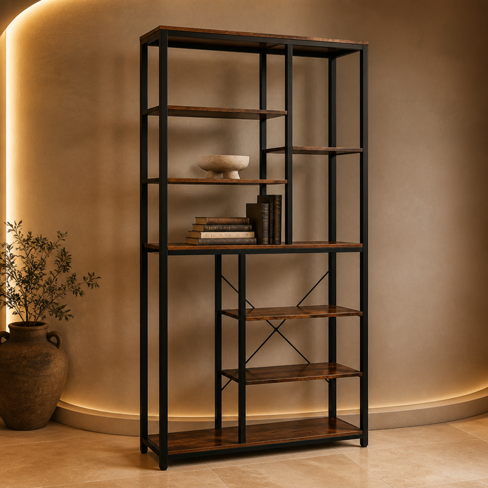 Industrial Bookshelf II - hero view styled in a warm evening interior