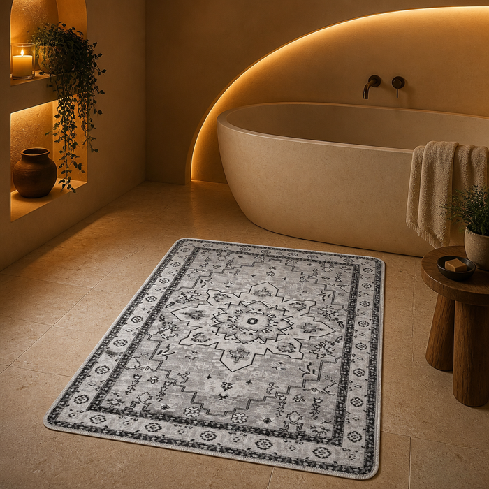 Machine Rug in grey shown whole on a travertine bathroom floor