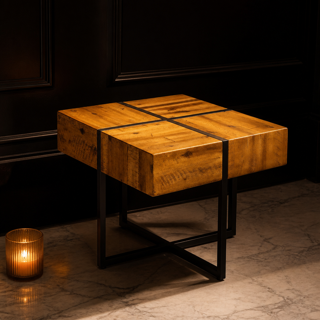 Landon Solid Wood Side Table, full view styled in a warm evening interior