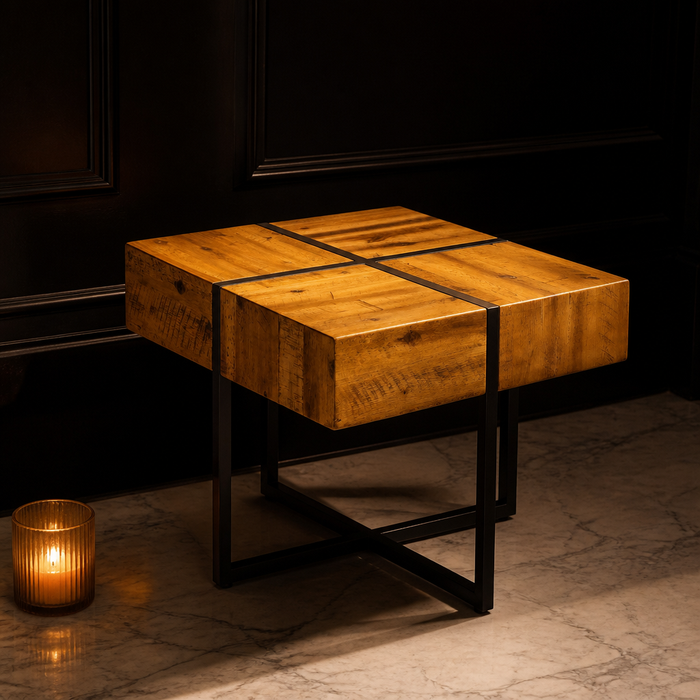 Landon Solid Wood Side Table, full view styled in a warm evening interior