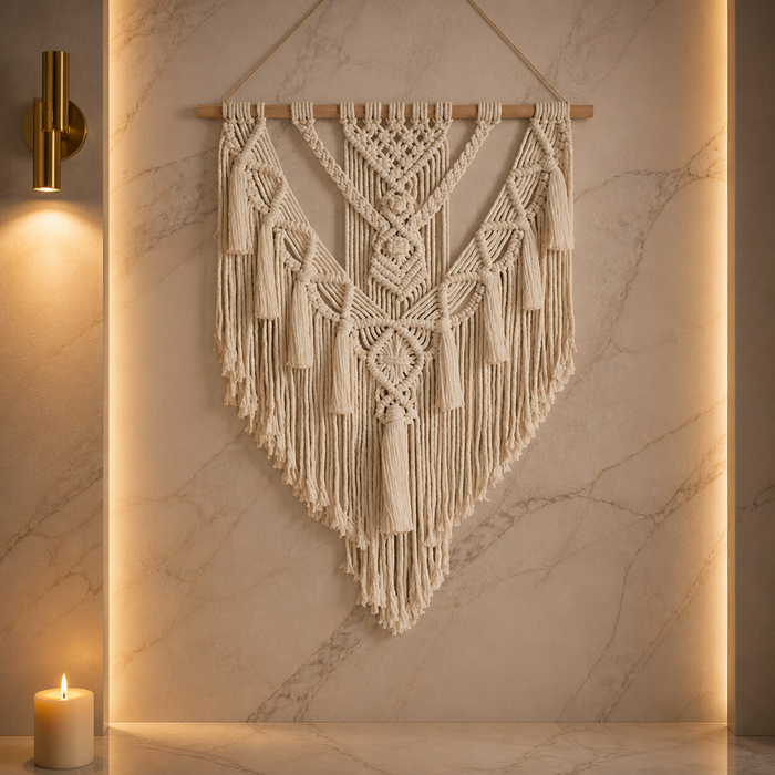 Macrame Boho Cotton Wall Art hung on a marble wall