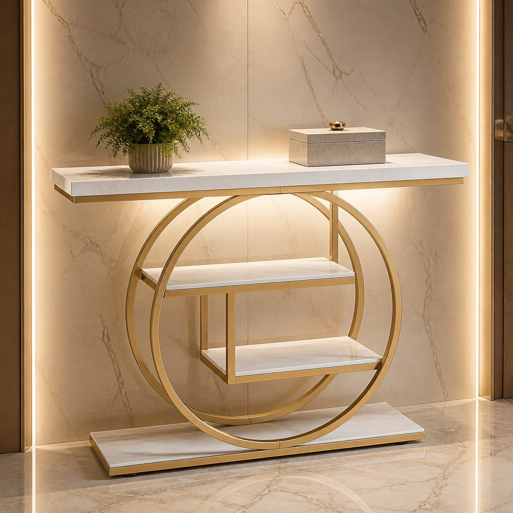 Industrial Console Table - hero view styled in a warm evening interior