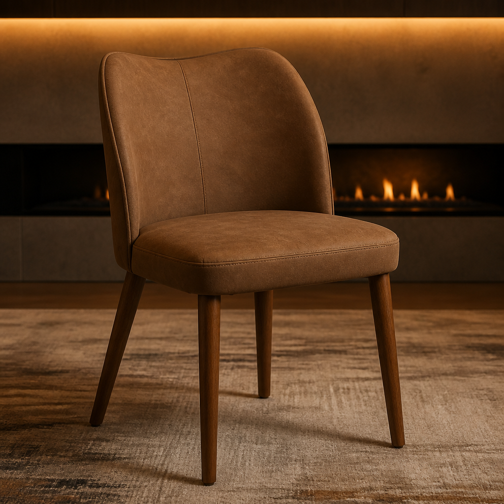 Leather Dining Chair in cognac tan, full view in a warm evening dining room