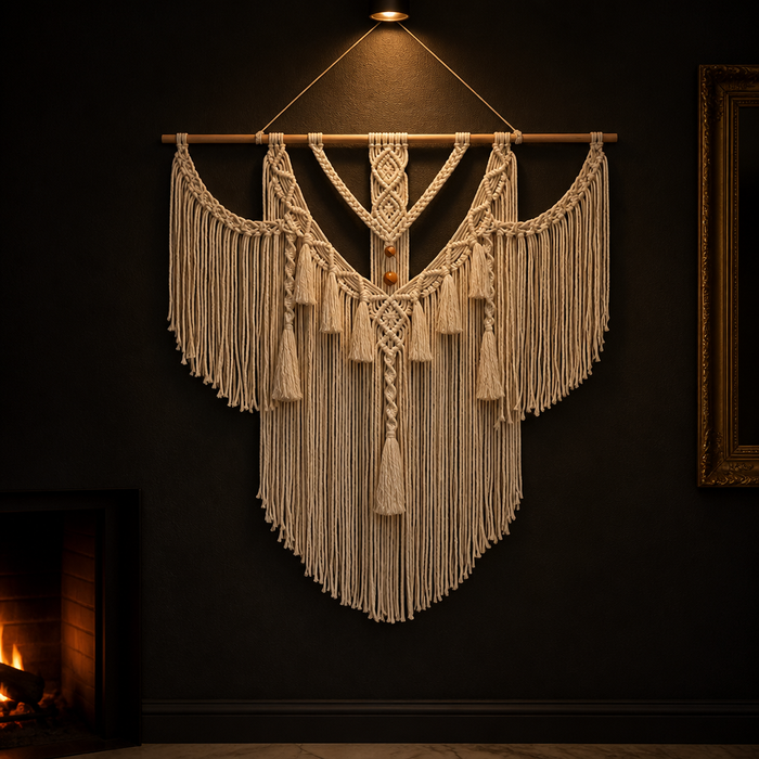 Macrame Boho Wall Art hung on a dark wall under a picture light
