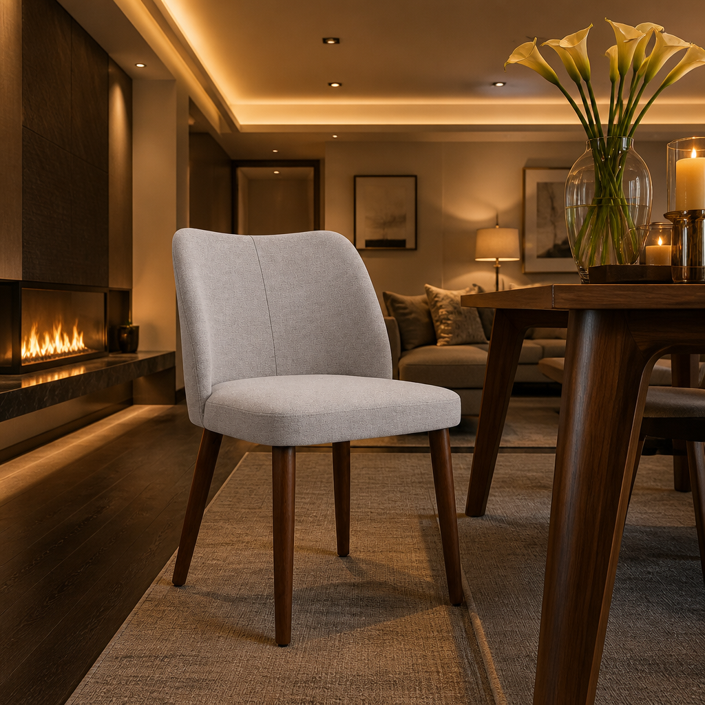 Leather Dining Chair in pale silver grey, full view in a warm evening dining room