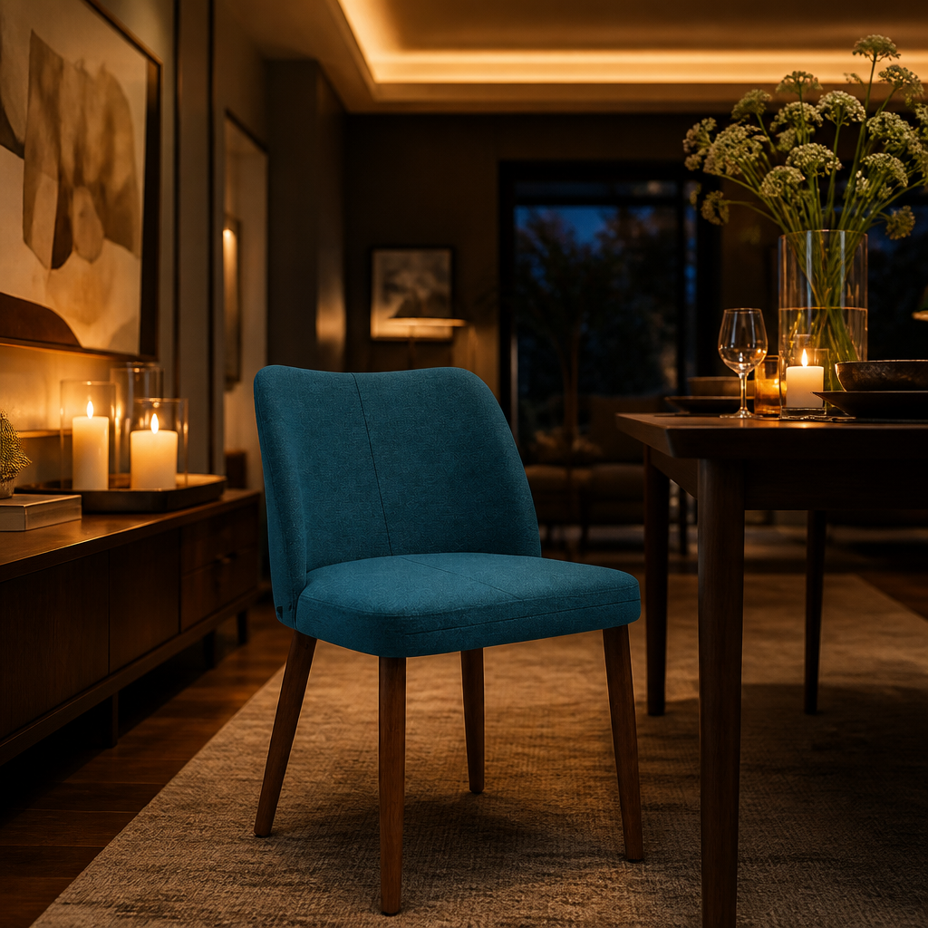 Leather Dining Chair in teal blue, full view in a warm evening dining room