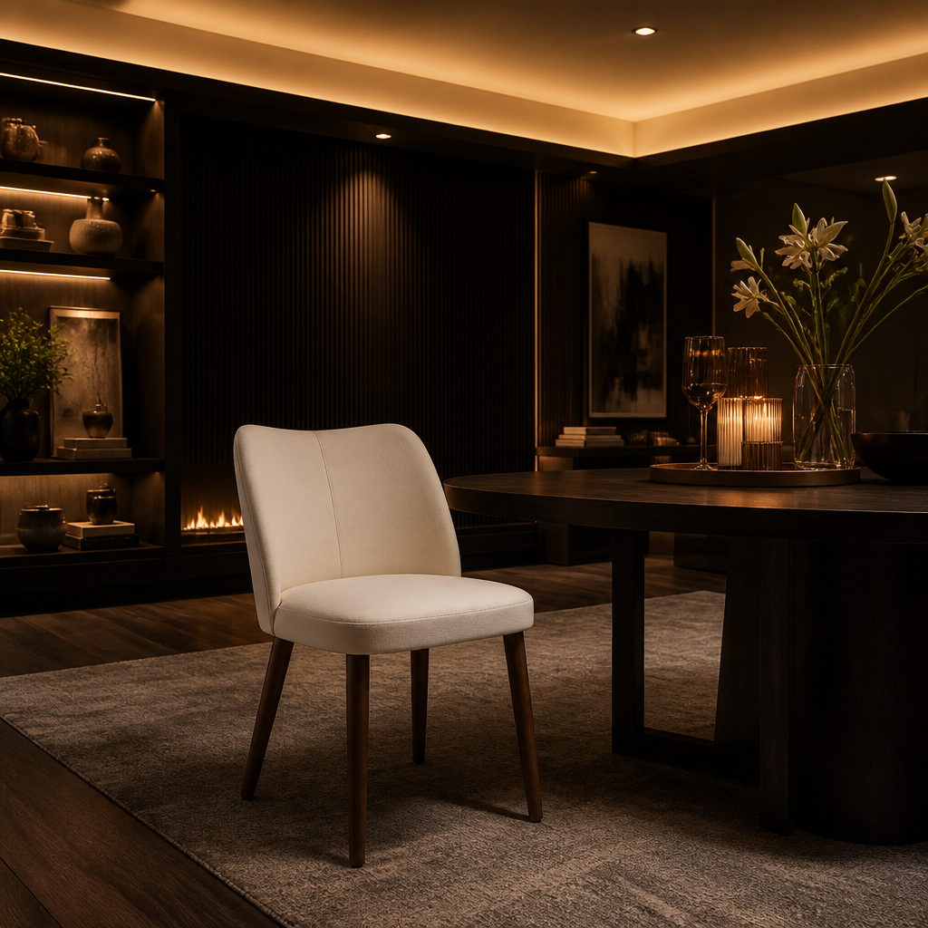 Leather Dining Chair in ivory off white, full view in a warm evening dining room