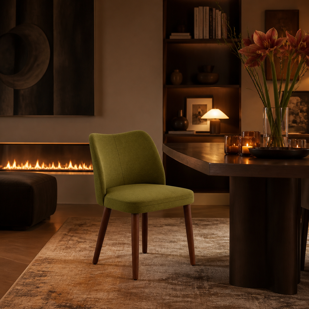 Leather Dining Chair in olive green, full view in a warm evening dining room