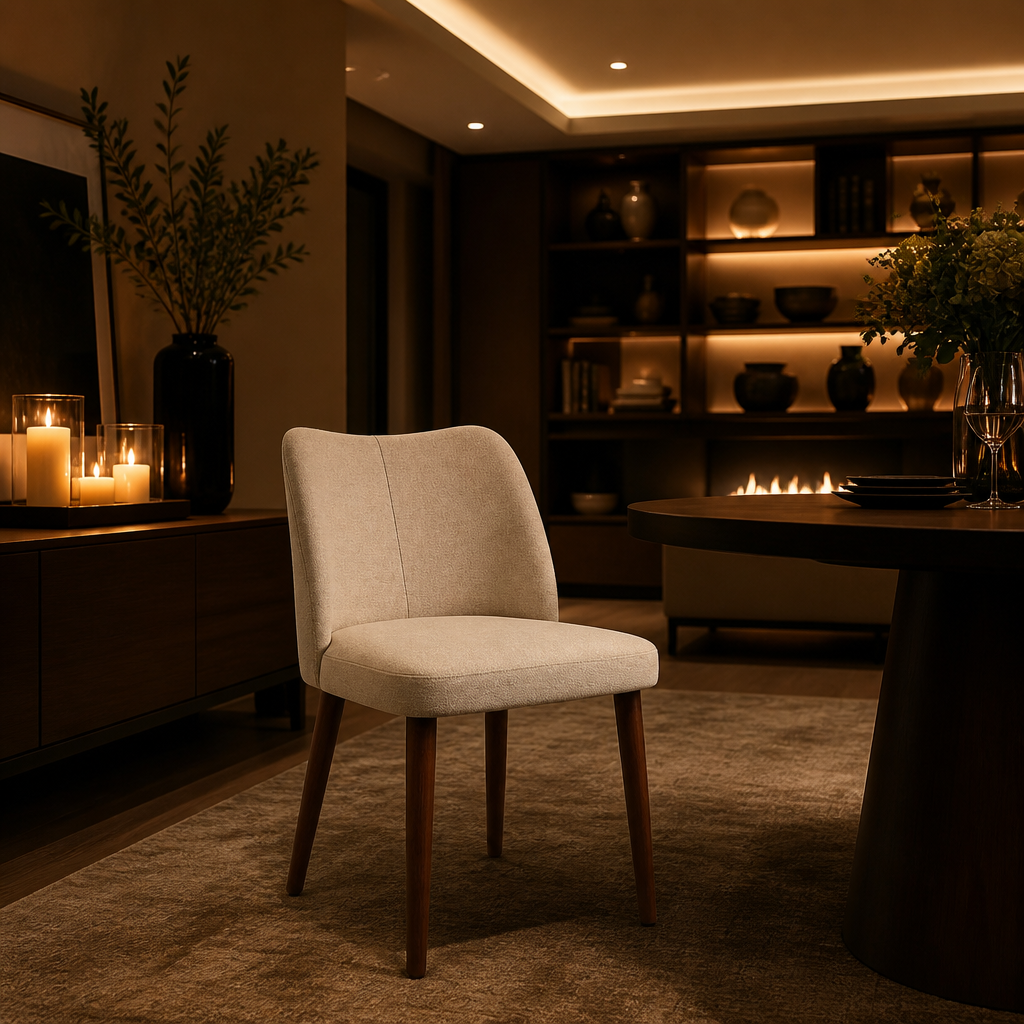 Leather Dining Chair in oatmeal beige, full view in a warm evening dining room