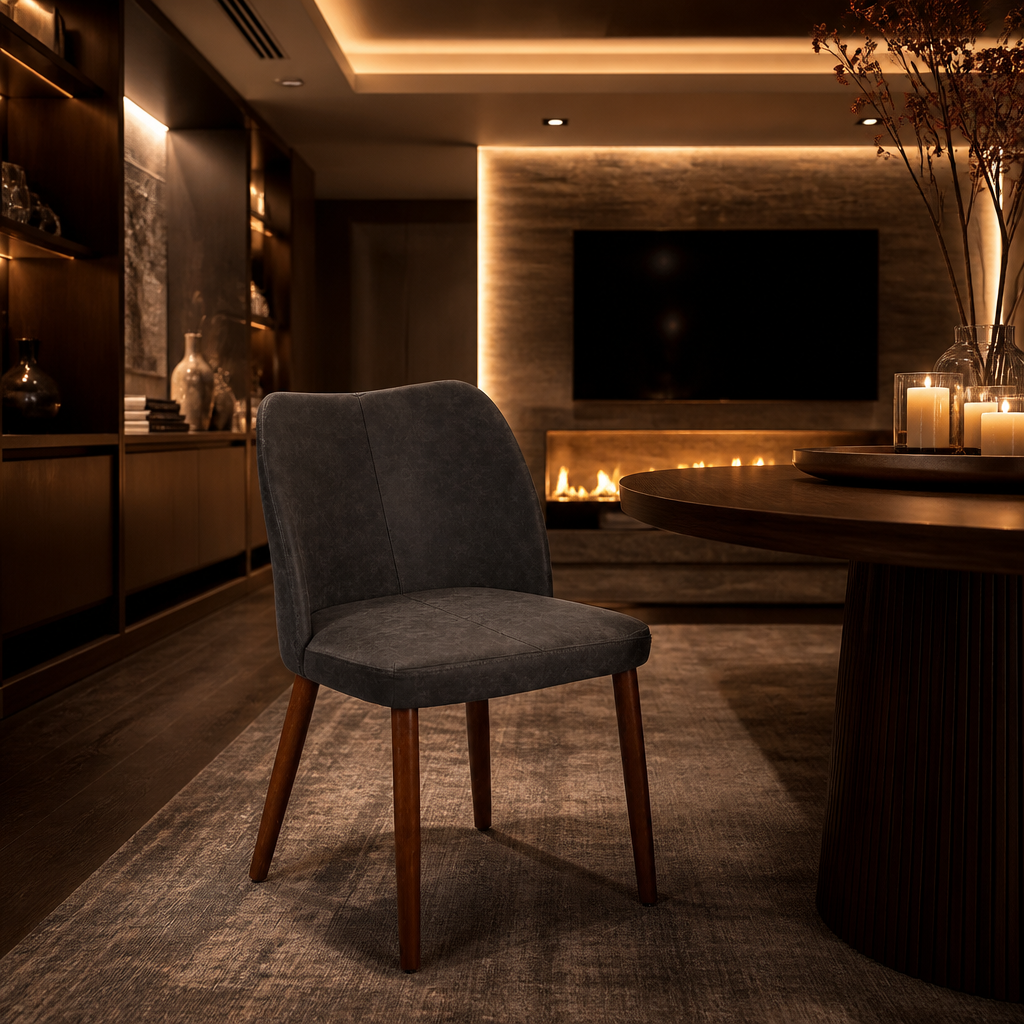 Leather Dining Chair in dark charcoal, full view in a warm evening dining room