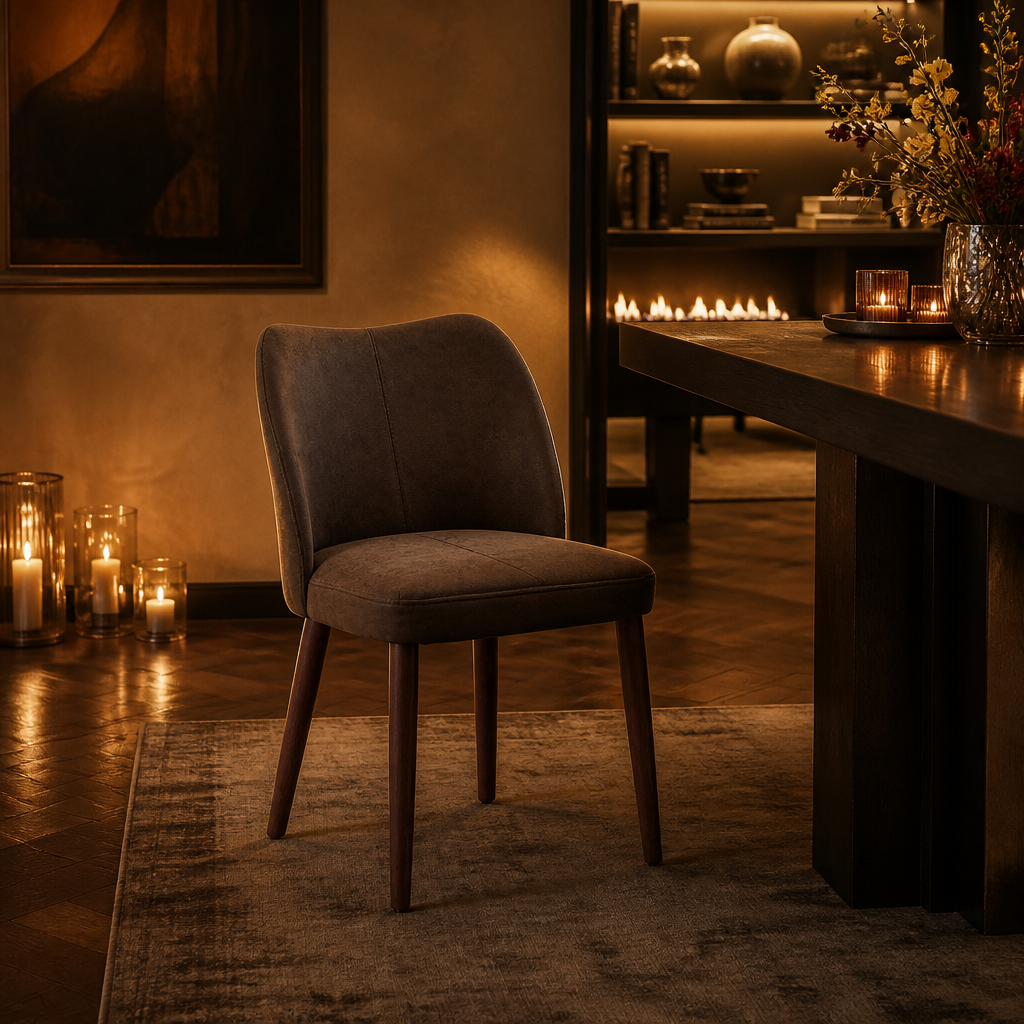 Leather Dining Chair in chocolate brown, full view in a warm evening dining room