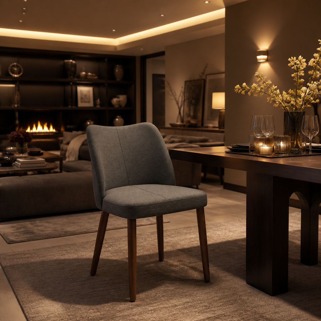 Leather Dining Chair in mid charcoal grey, full view in a warm evening dining room
