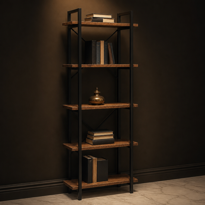 Industrial Metal Bookshelf - hero view styled in a warm evening interior