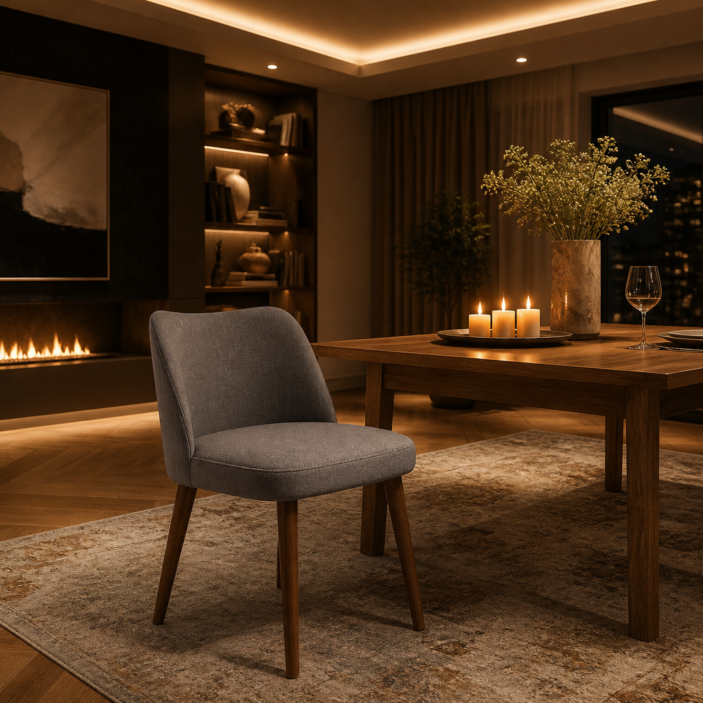Leather Dining Chair pulled out at a styled oak dining table