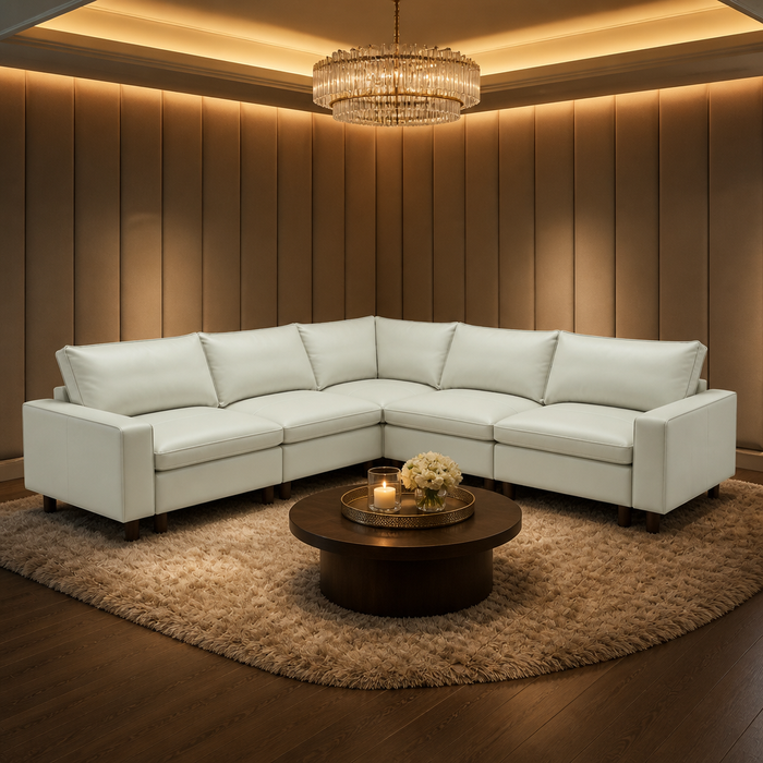 Leather Luxury Top Grain Sectional Sofa, full view styled in a warm evening interior