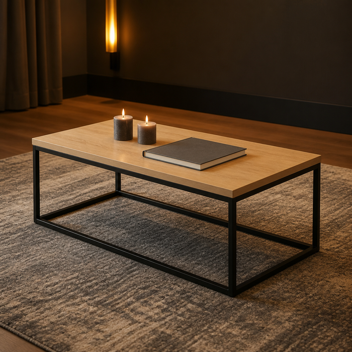 Industrial Metal Coffee Table - hero view styled in a warm evening interior