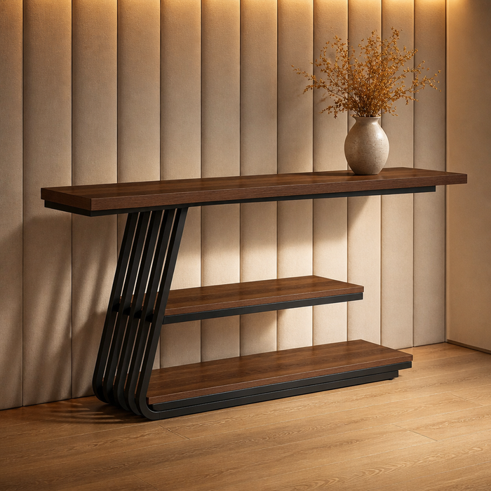 Industrial Metal Console Table - hero view styled in a warm evening interior