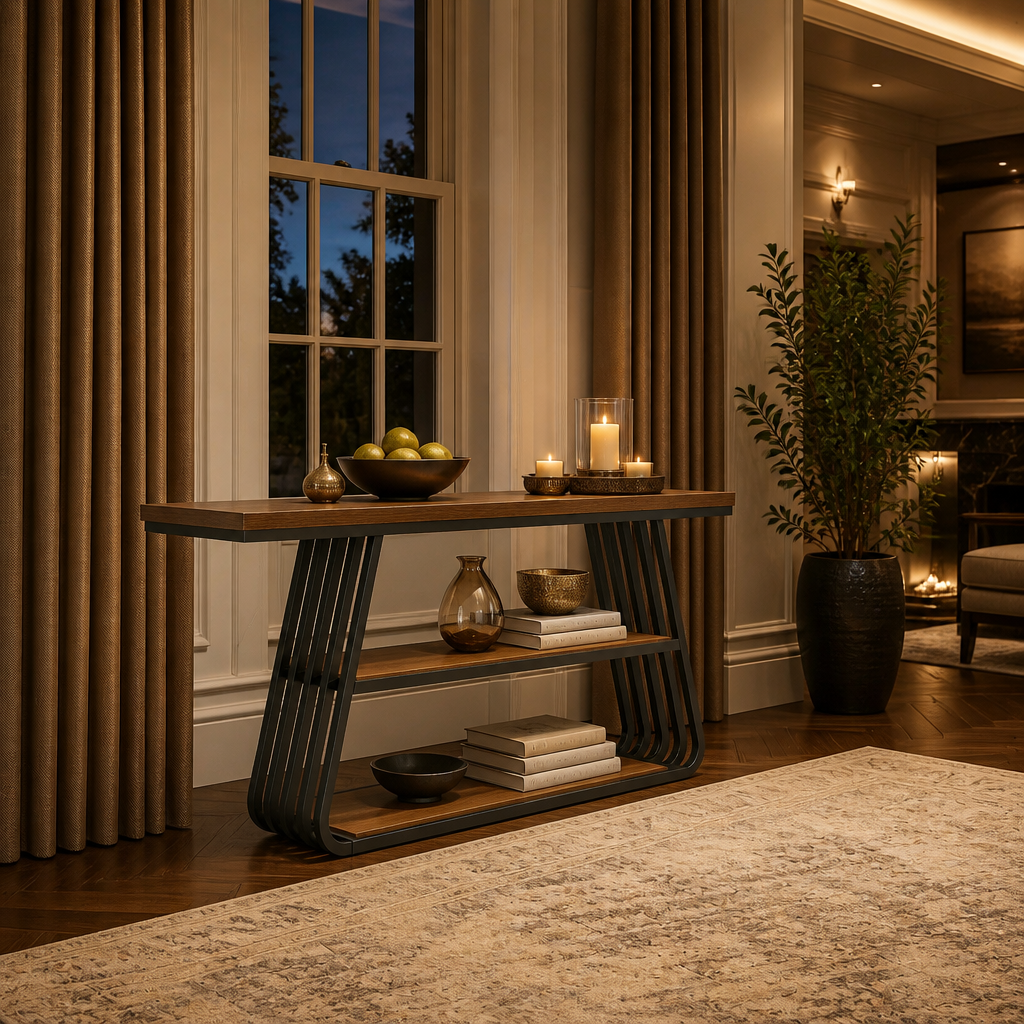 Industrial Metal Console Table - full view styled in a warm evening interior