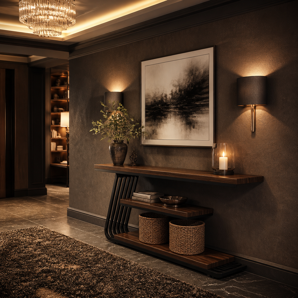Industrial Metal Console Table - full view styled in a warm evening interior