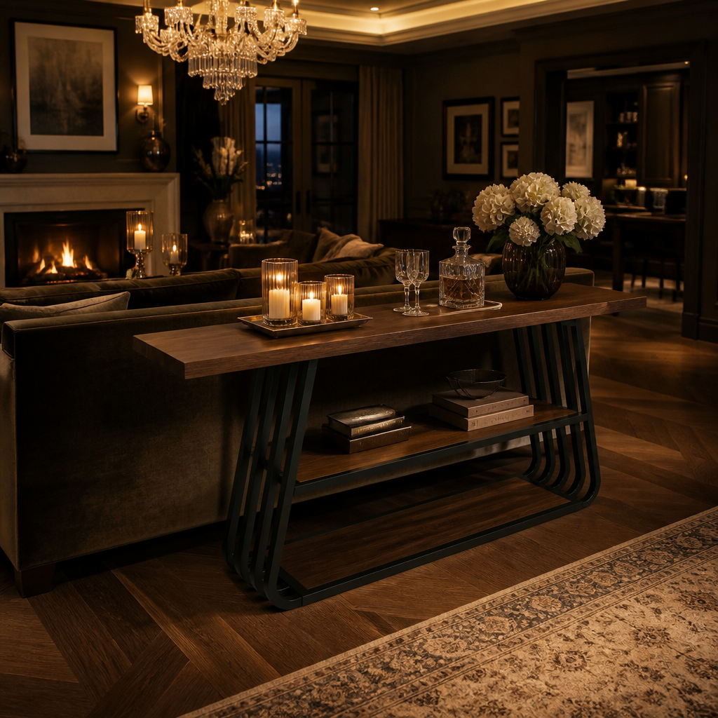 Industrial Metal Console Table - full view styled in a warm evening interior