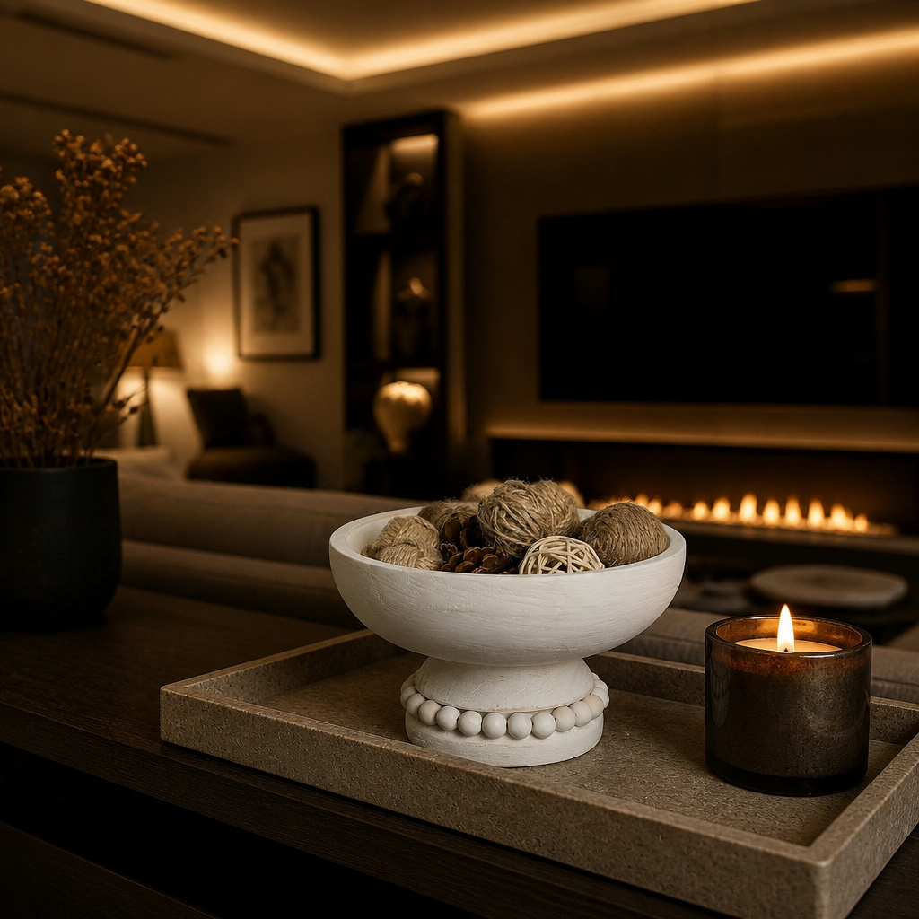 Farmhouse white pedestal bowl holding natural twine spheres on a console tray beside a candle